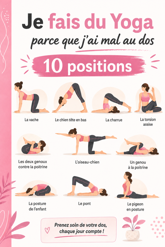 Femme pratiquant des postures de yoga pour soulager son dos sur un tapis.