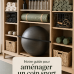 Espace sportif aménagé avec un tapis et des poids dans un salon moderne.