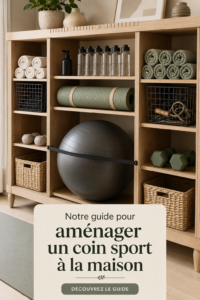 Espace sportif aménagé avec un tapis et des poids dans un salon moderne.