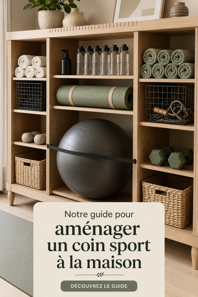 Espace sportif aménagé avec un tapis et des poids dans un salon moderne.