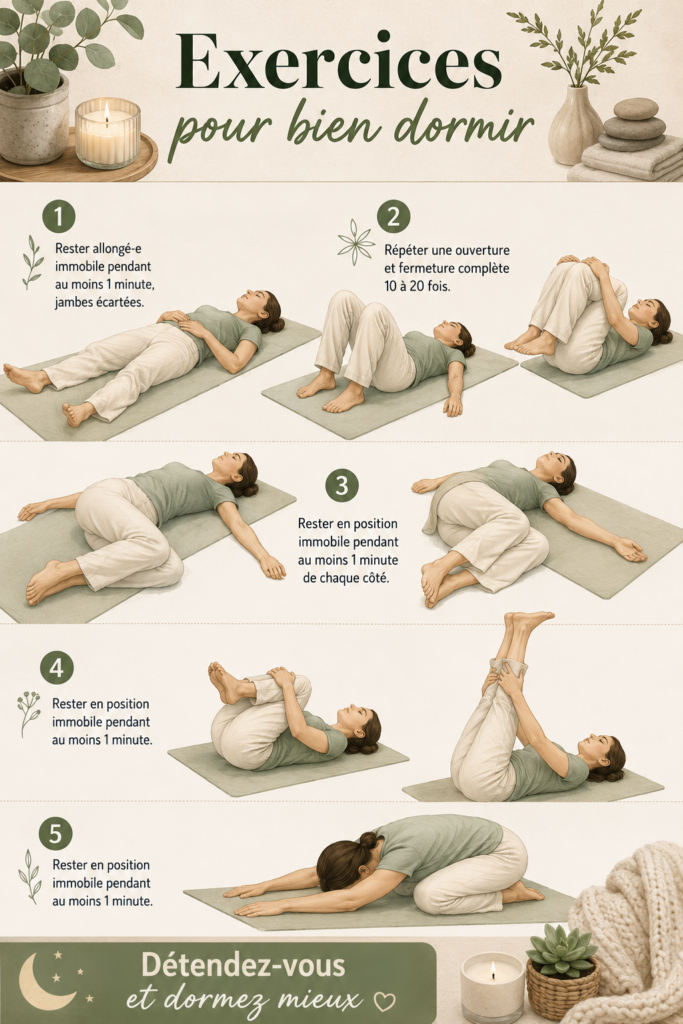 Femme pratiquant des exercices de relaxation avant de dormir pour mieux se reposer.
