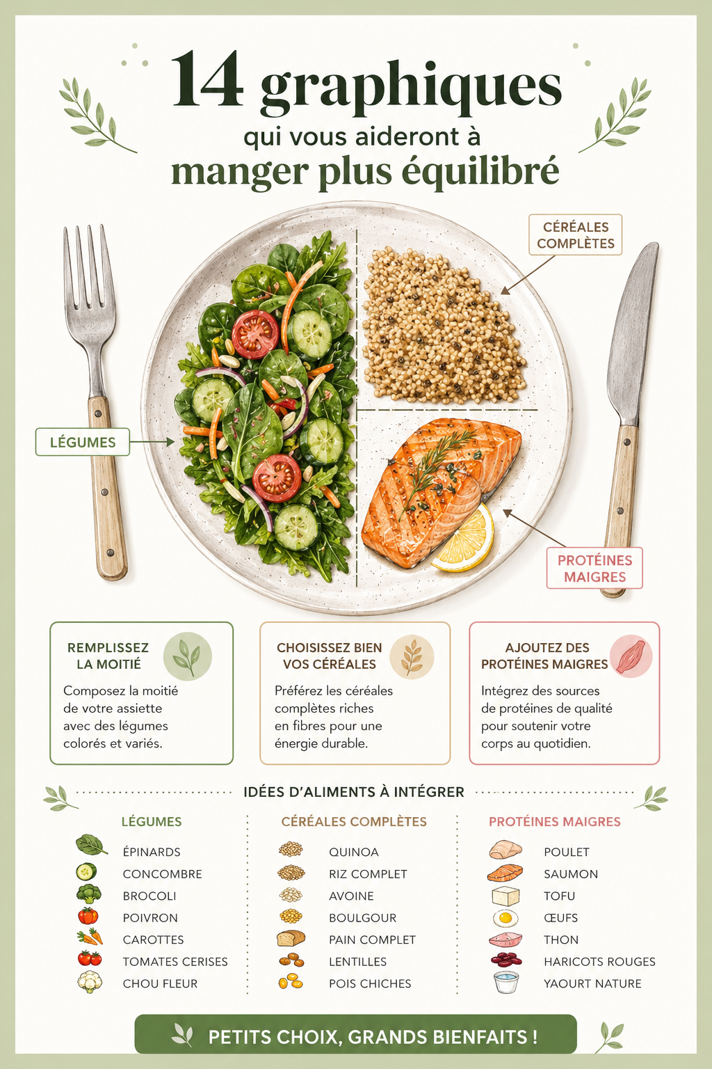 Graphiques colorés représentant des repas équilibrés