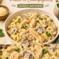 Assiette de pâtes crémeuses avec poulet et champignons, garnie de persil frais.