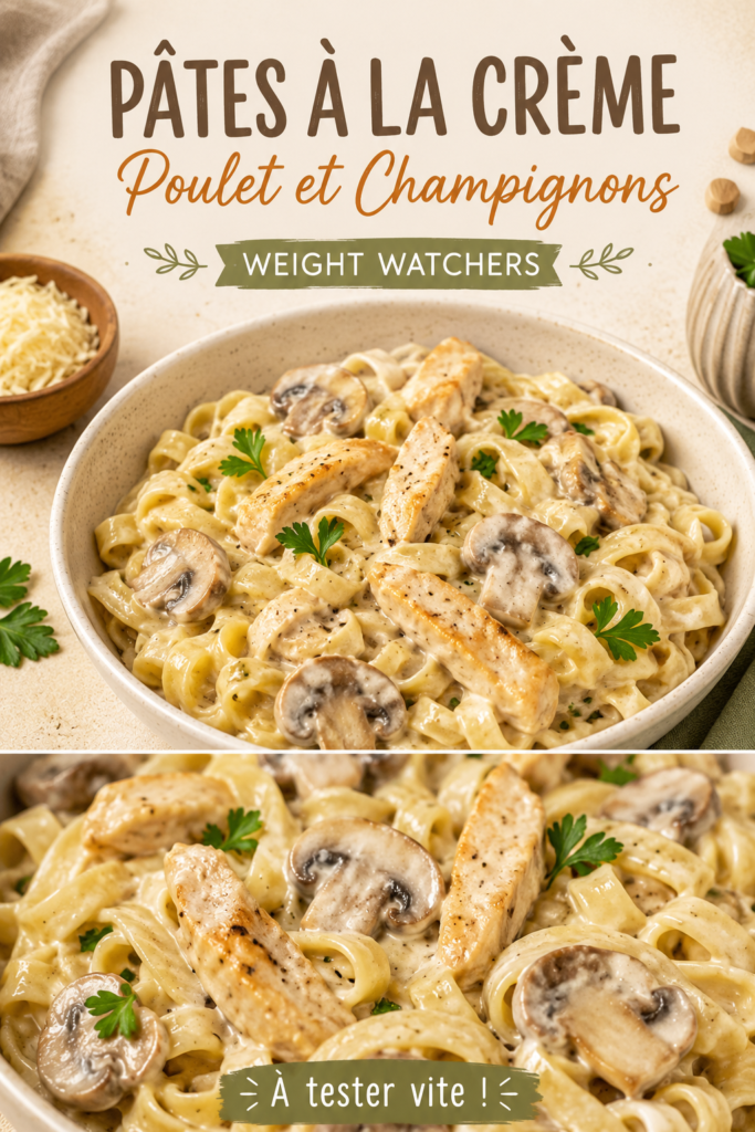 Assiette de pâtes crémeuses avec poulet et champignons, garnie de persil frais.