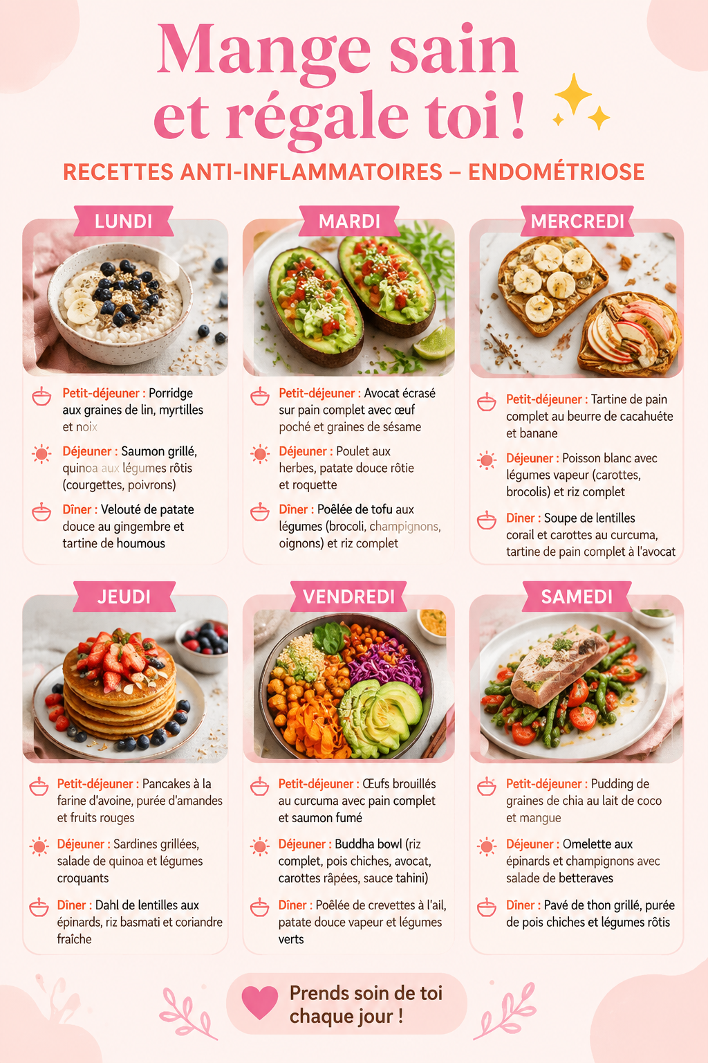 Recettes anti-inflammatoires savoureuses mettant en avant des ingrédients frais et sains.