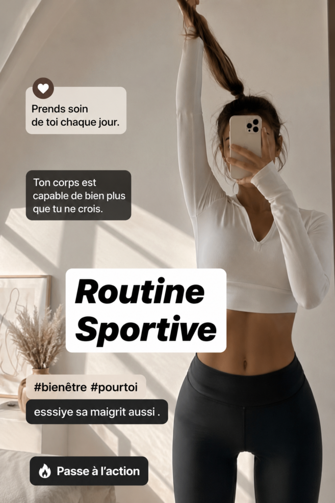 Femme heureuse en train de faire du sport à la maison, illustrant l'importance d'une routine sportive pour le bien-être.