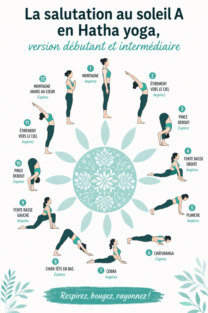 Femme pratiquant la salutation au soleil en yoga à l'extérieur.