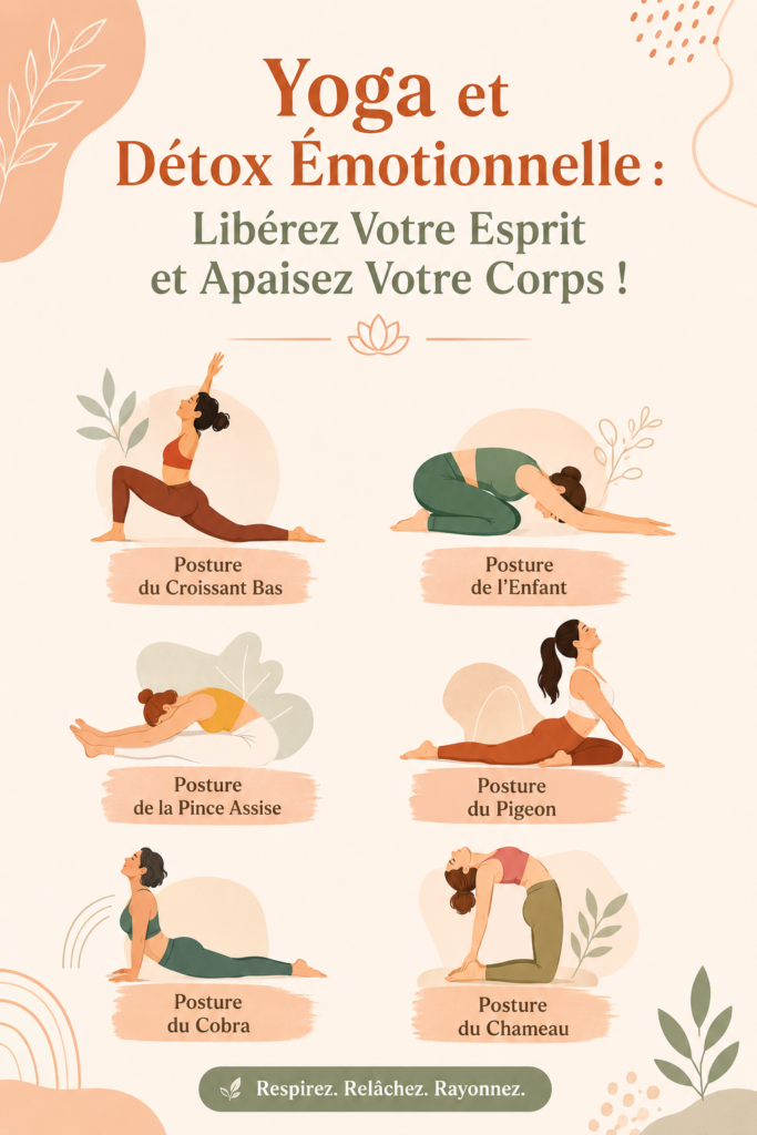 Femme pratiquant le yoga en pleine nature, représentant la sérénité et la détox émotionnelle.