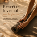 Femme prenant soin de sa santé et de son bien-être en hiver, entourée d'aliments sains.