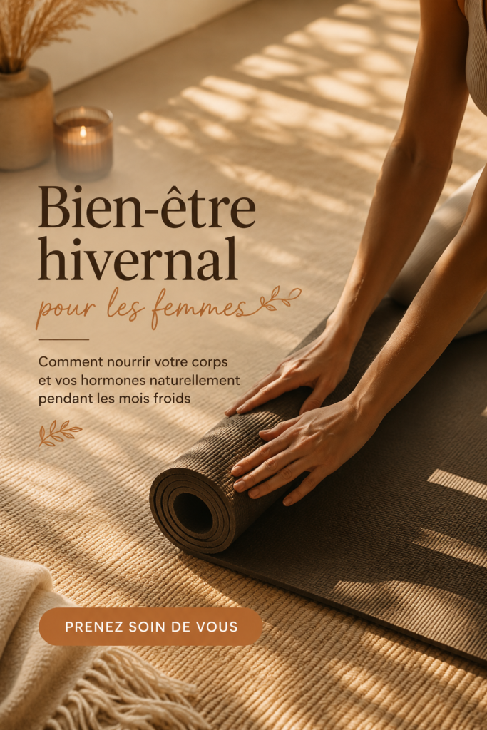 Femme prenant soin de sa santé et de son bien-être en hiver, entourée d'aliments sains.