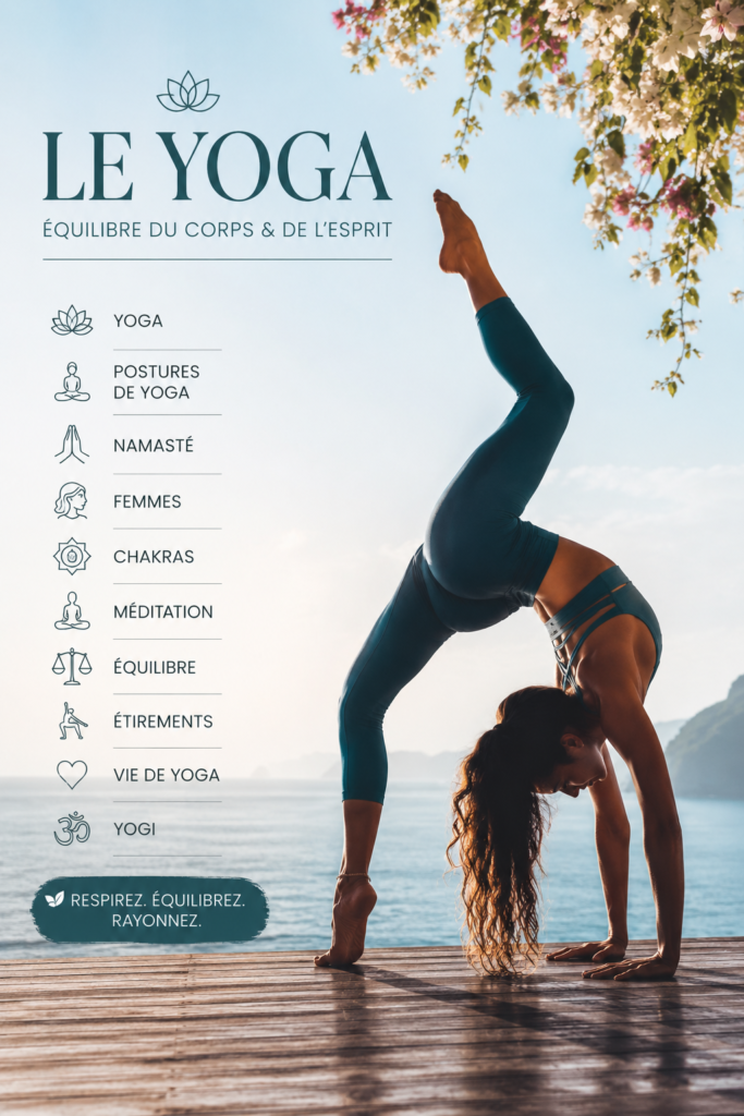 Femme pratiquant le yoga en pleine nature, illustrant sérénité et équilibre.