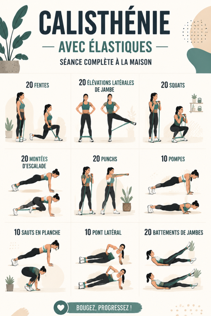 Femme en train de faire des exercices de callisthénie avec des élastiques à la maison.