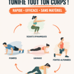 Femme faisant un circuit d'entraînement rapide à la maison pour tonifier son corps.
