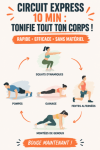 Femme faisant un circuit d'entraînement rapide à la maison pour tonifier son corps.