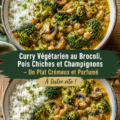 Curry végétarien crémeux au brocoli et pois chiches servi dans un bol coloré.