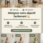 Image d'une femme pratiquant le yoga chaise dans un cadre accueillant, représentant le défi de yoga personnalisé.