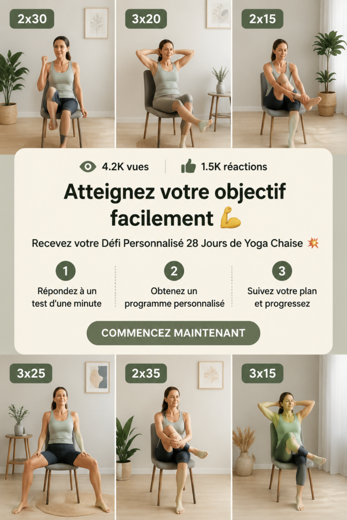 Image d'une femme pratiquant le yoga chaise dans un cadre accueillant, représentant le défi de yoga personnalisé.