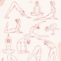 Illustration d'une femme en pose de yoga sur fond apaisant
