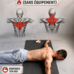 Femme souriante réalisant des exercices de dos à la maison sans équipement