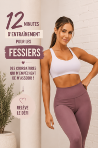 Femme effectuant un entraînement de fessiers de 12 minutes à la maison, avec une ambiance radieuse