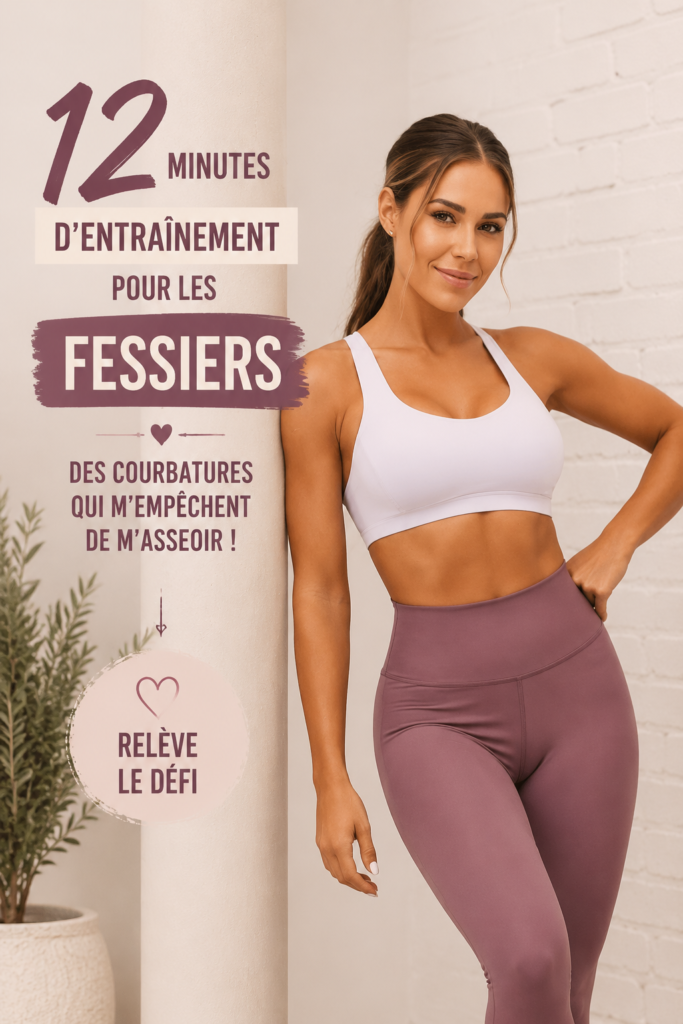 Femme effectuant un entraînement de fessiers de 12 minutes à la maison, avec une ambiance radieuse