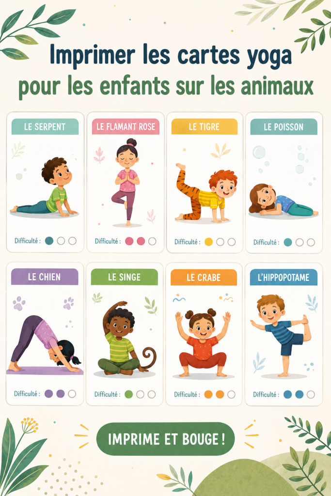 Infographie montrant des cartes de yoga pour enfants sur le thème des animaux.