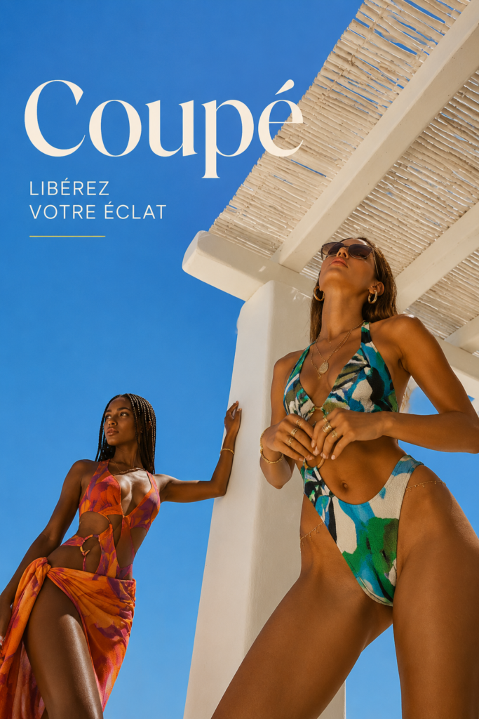 Maillots de bain découpés de Louisa Ballou affichés sur un fond estival.