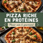 Une délicieuse pizza protéinée à base de skyr présentée sur une table en bois.