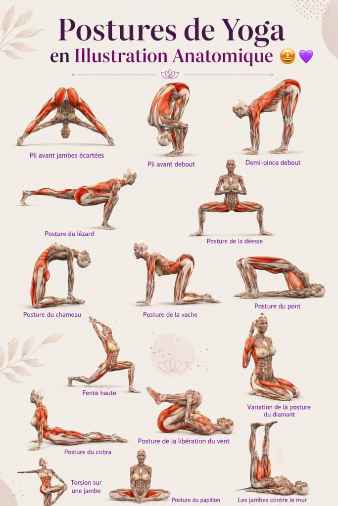 Illustration anatomique des poses de yoga décrivant les muscles sollicités