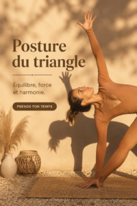 Femme pratiquant la posture du triangle en yoga dans un cadre paisible.