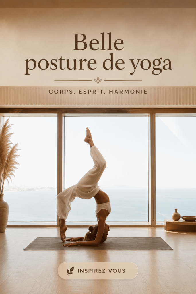 Femme pratiquant une pose de yoga élégante au lever du soleil, symbole de sérénité et de bien-être.