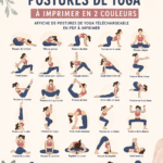 Poster imprimable avec 33 postures de yoga colorées pour pratiquer à la maison.