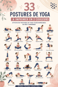 Poster imprimable avec 33 postures de yoga colorées pour pratiquer à la maison.