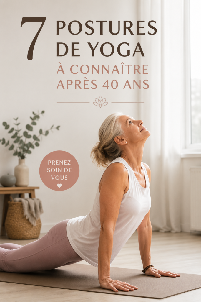 Femme de plus de 40 ans pratiquant le yoga dans un parc, avec une posture zen.
