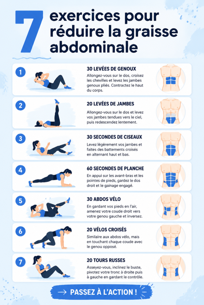 Femme réalisant des exercices pour réduire la graisse abdominale à la maison.