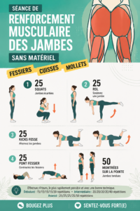 Femme effectuant des exercices de renforcement musculaire des jambes sans matériel.