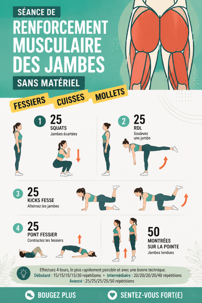 Femme effectuant des exercices de renforcement musculaire des jambes sans matériel.