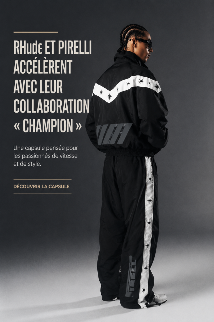 Collaboration de mode entre Rhude et Pirelli avec des vêtements streetwear modernes.
