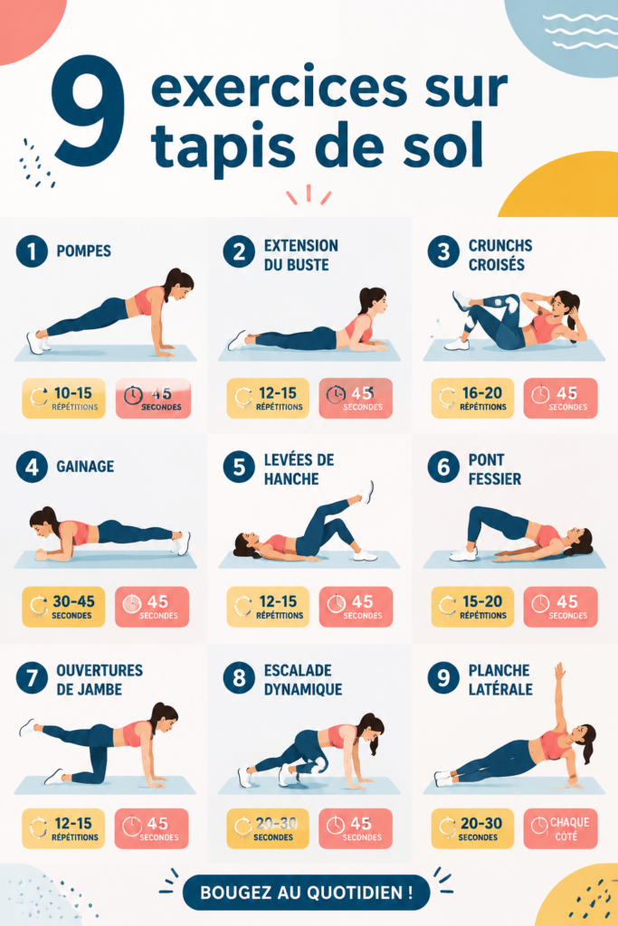 Femme réalisant des exercices de fitness sur un tapis de sol