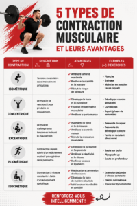Illustration des différents types de contractions musculaires avec des mouvements illustrés