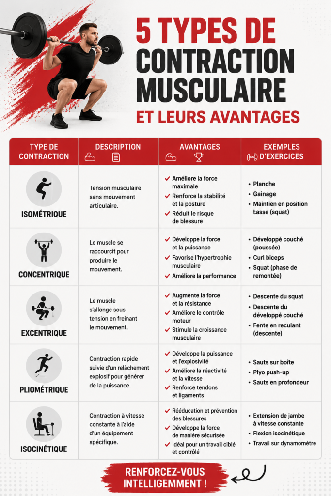 Illustration des différents types de contractions musculaires avec des mouvements illustrés
