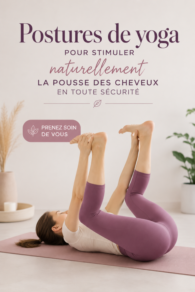 Femme pratiquant le yoga, avec des cheveux longs et brillants, illustrant les bienfaits du yoga pour la santé des cheveux.