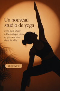 Séance de yoga disco dans un studio moderne de Mile-End, ambiance festive.
