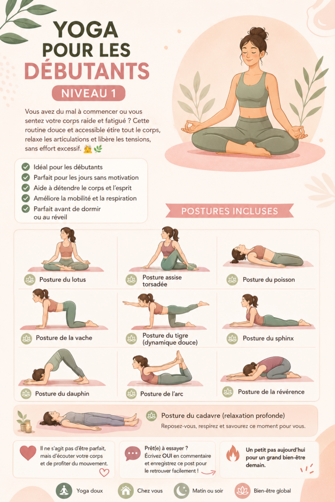 Femme pratiquant le yoga doux dans un cadre apaisant, illustration de sérénité et bien-être.