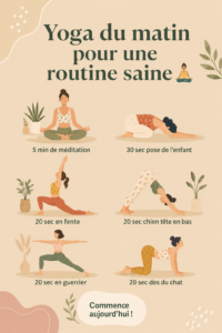 Femme pratiquant le yoga matinal sur un tapis dans son salon