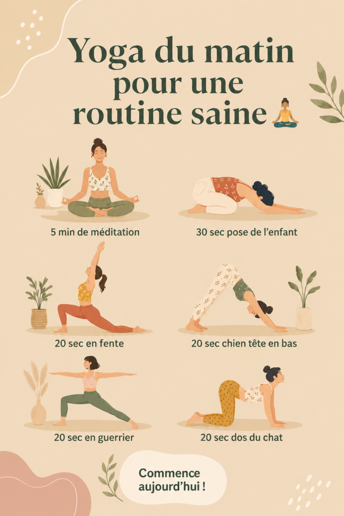 Femme pratiquant le yoga matinal sur un tapis dans son salon