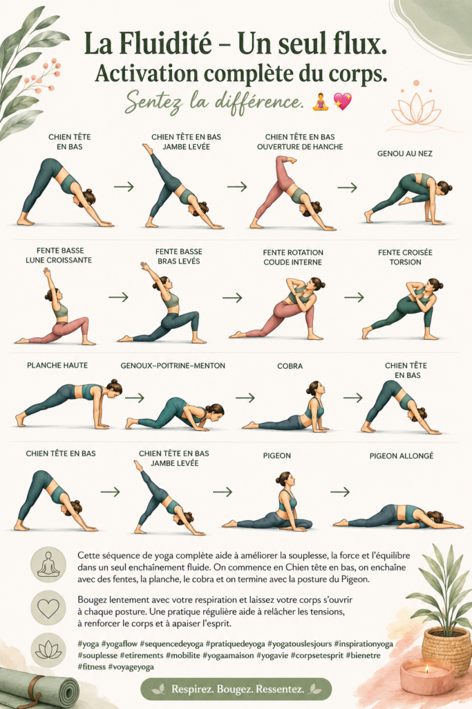 Femme pratiquant une séquence de yoga relaxante dans un environnement serein, favorisant la flexibilité et le bien-être.