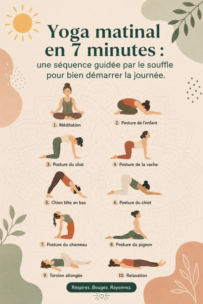 Femme pratiquant un flow de yoga matinal dans un espace lumineux