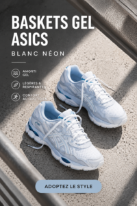 Chaussures ASICS GEL blanches avec motifs néon sur un fond coloré.
