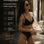 Femme portant un bikini taille haute élégant sur la plage au soleil